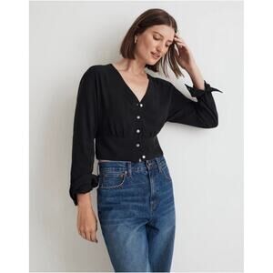 Madewell V-Neck Button-Front Shirt Black Lyocell Blend Long Sleeve Blouse Small